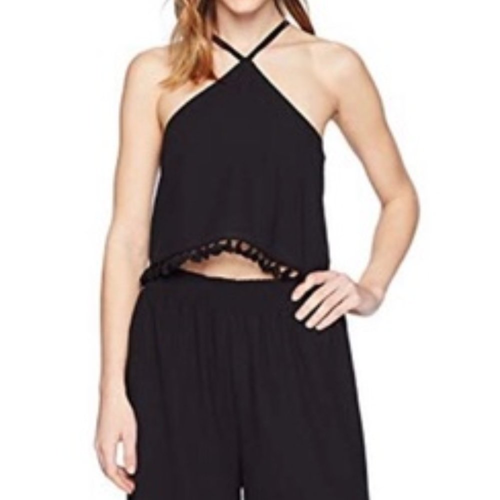 Ali & Jay "Kings Road Café" Black Pom-pom Sheer Chiffon Crop Top